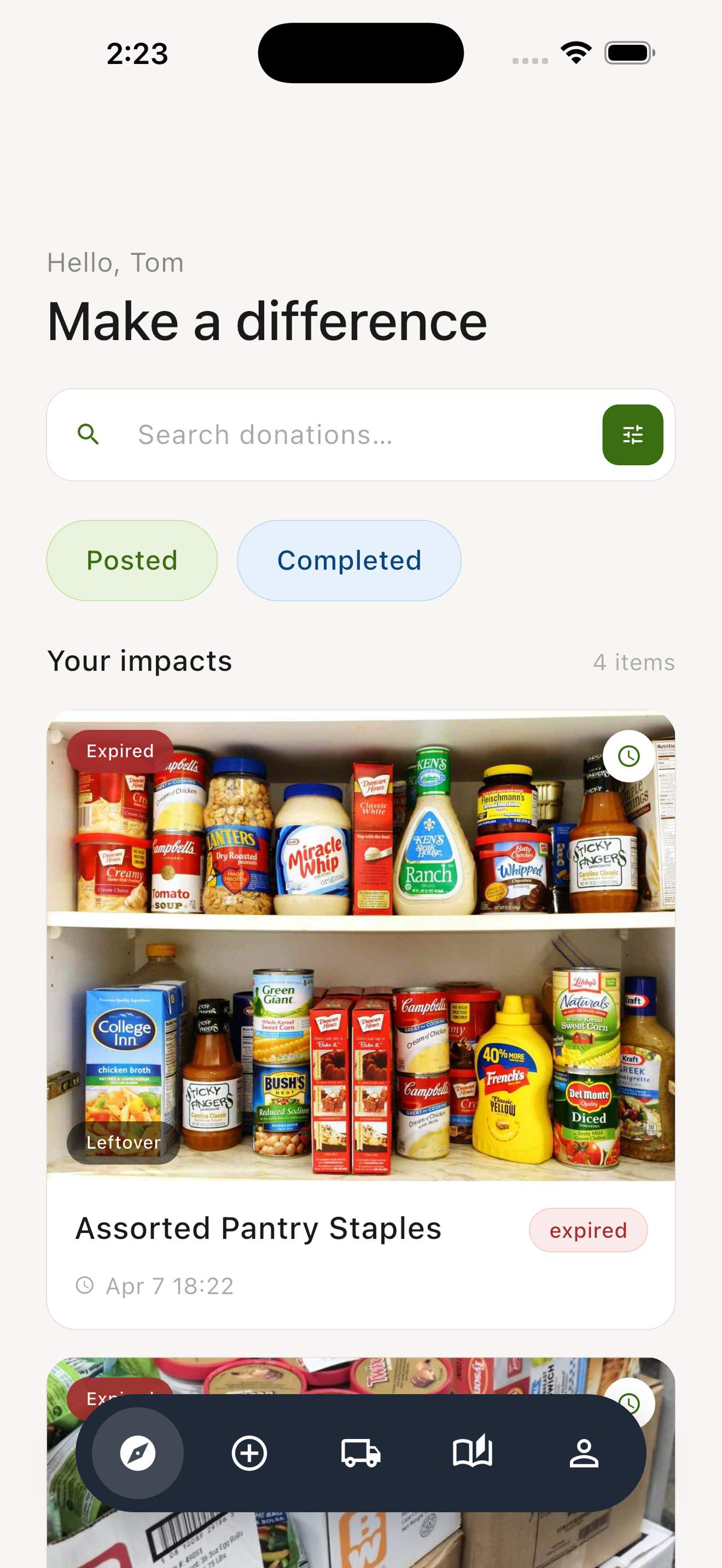 Food ALERT donor home screen